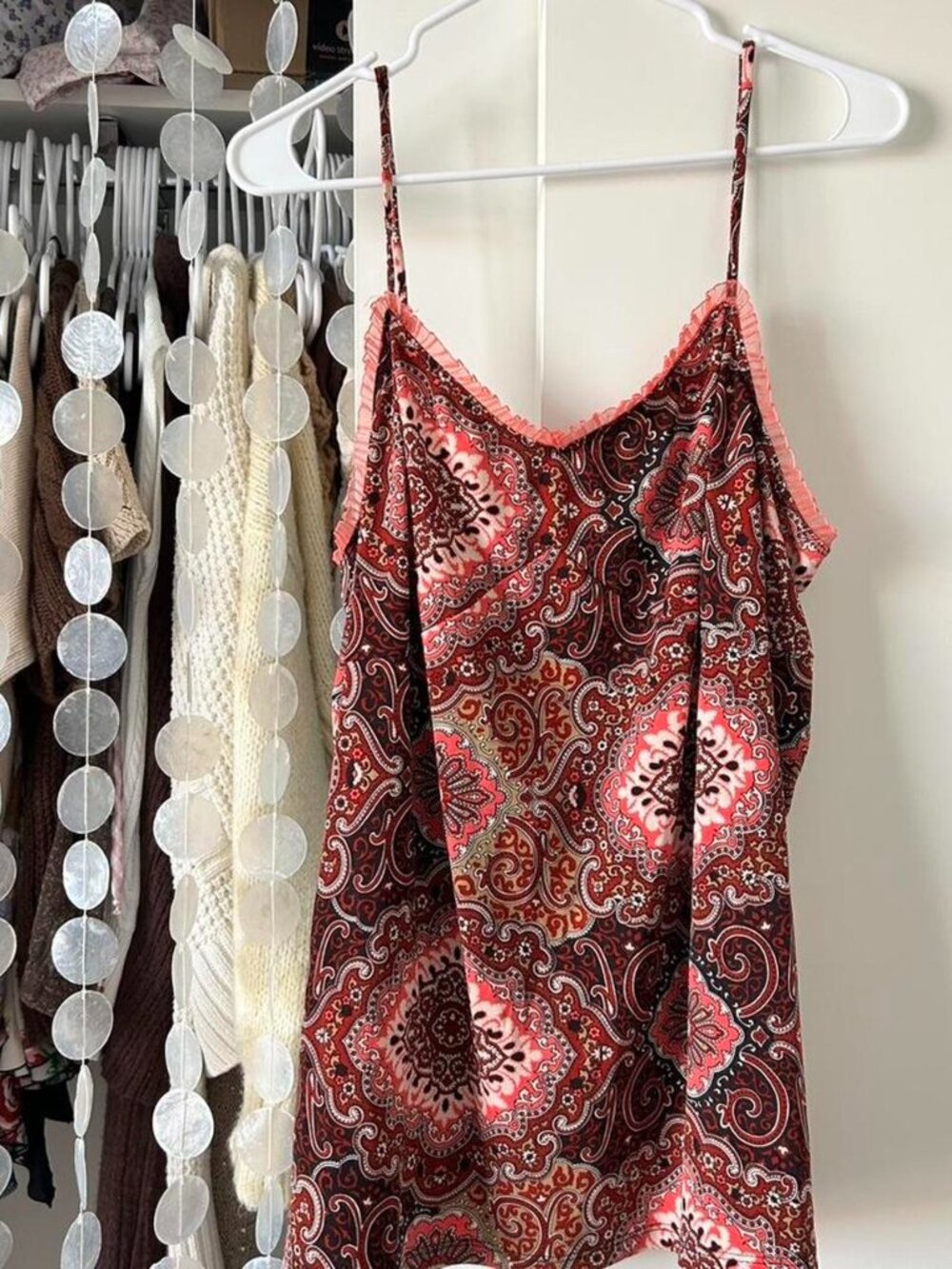 Red paisley slip top with cute pink lace trim